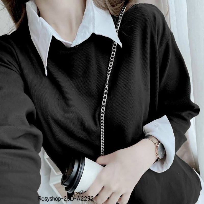 Đầm sơ mi nữ màu trắng kèm áo len gân màu đỏ, hoặc đen cực xinh TT 07