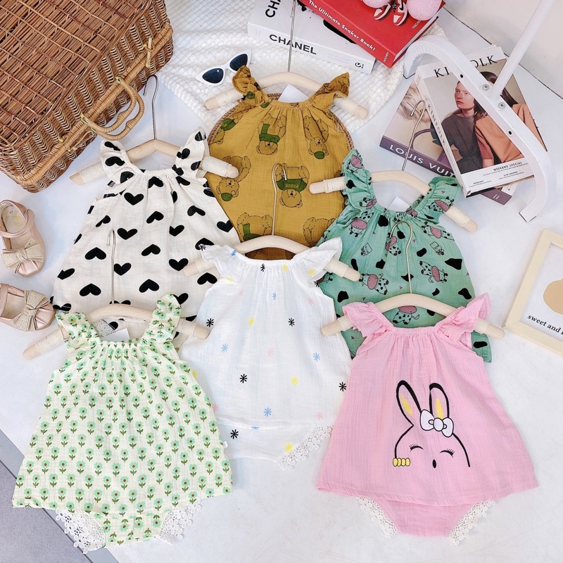 (MS12)Bộ ba lỗ chun vai hình ngộ nghĩnh chất liệu muxolin cho bé đáng yêu