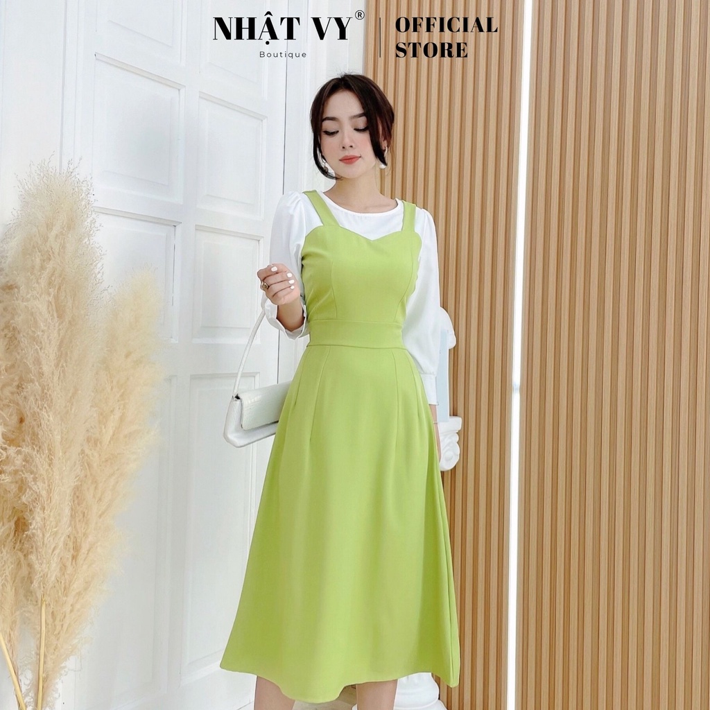 Đầm Công Sở NHẬT VY Cổ Tròn Tay Dài Chiết Eo Dáng Xoè Có Dây Kéo Chất Linen Màu Xanh Biển, Cốm, X Đen, Tím - D2404