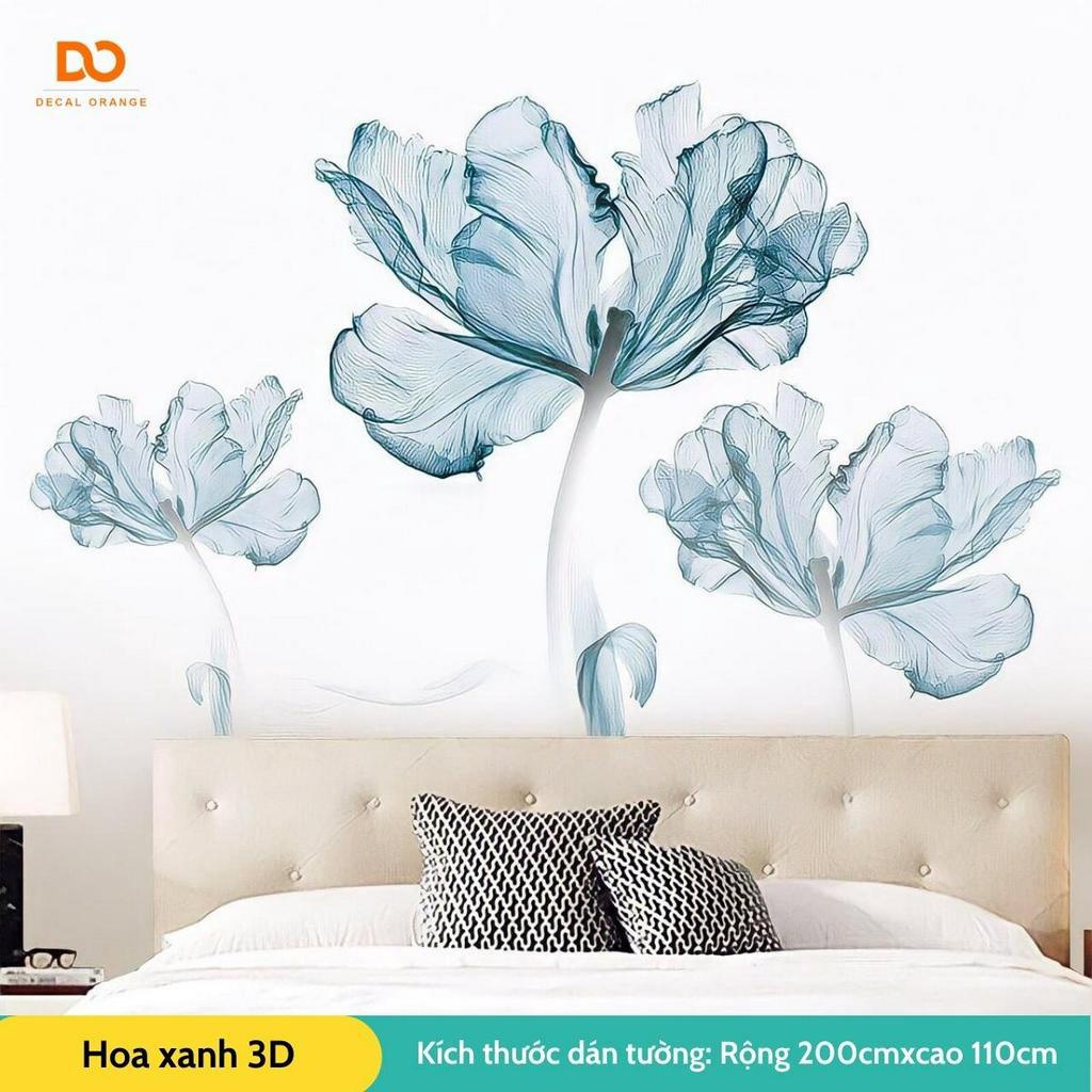 Decal dán tường, Tranh dán tường hoa 3D xanh khổ lớn, trang trí phòng ngủ, phòng khách