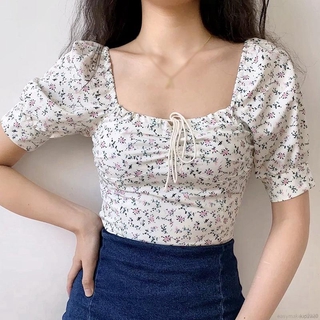 Áo Croptop Tay Phồng In Họa Tiết Hoa Xinh Xắn Kiểu Hàn Quốc Cho Nữ