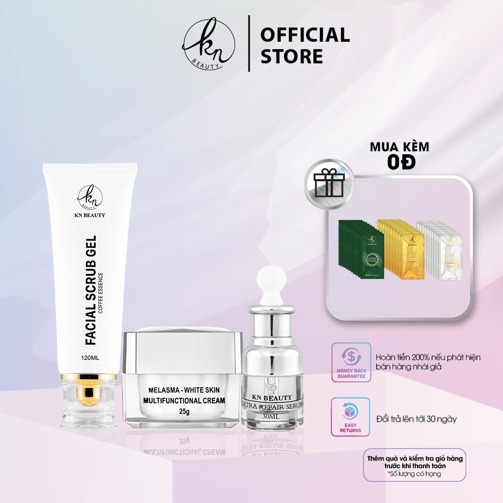 Bộ 3 sản phẩm Trắng Da Ngừa Nám KN Beauty chuyên sâu: Kem dưỡng 25g + Serum 30ml+Tẩy tế bào chết 120ml tặng sữa tắm bịch