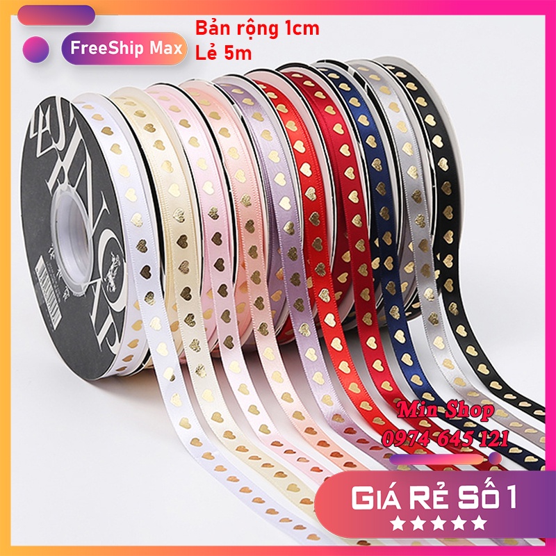 { Lẻ 5 mét } Ruy băng lụa bản rộng 1cm in hình trái tim [Full 10 màu]