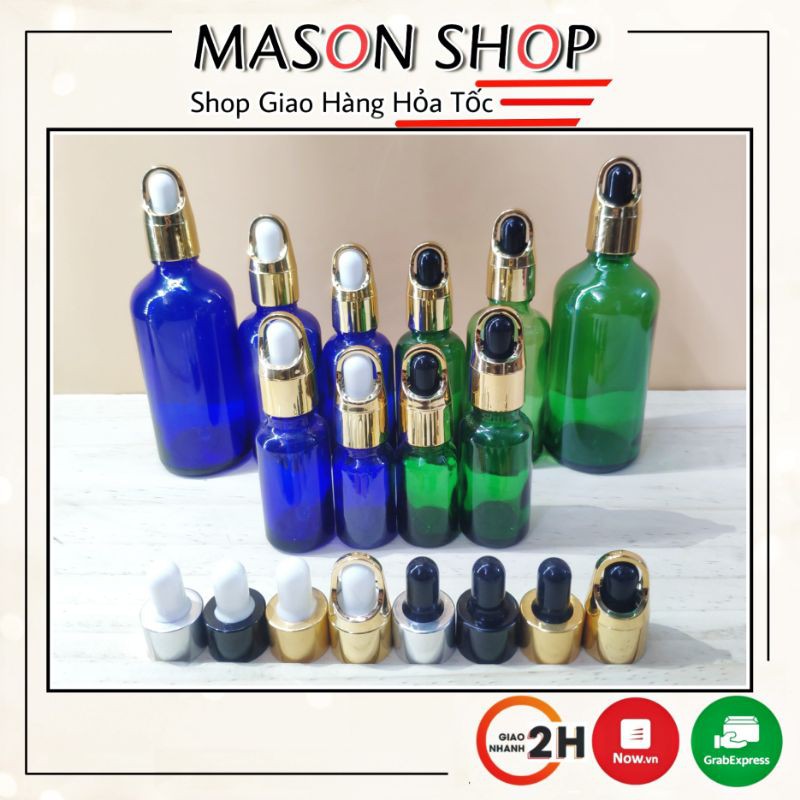 LỌ ĐỰNG TINH DẦU thủy tinh bóp giọt quai 10ml 20ml 30ml 50ml 100ml VỎ CHAI CHIẾT SERUM MỸ MĨ PHẨM Xanh dương/xanh lá