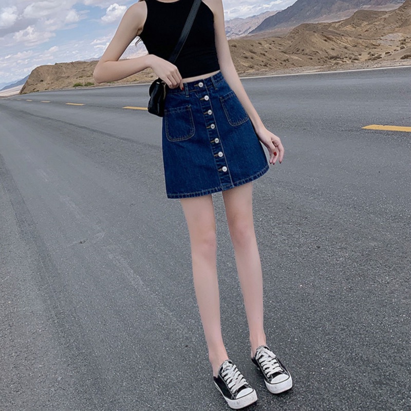 Chân váy jean Lưng Cao Màu Sắc Đơn Giản Cho Nữ