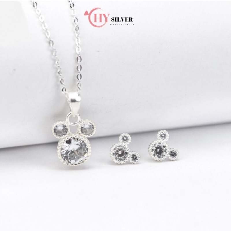 Set dây chuyền bông tai bạc ta bông tai gấu mickey đính đá nhỏ xinh đơn giản trẻ trung vòng cổ nữ bạc thật giá rẻ