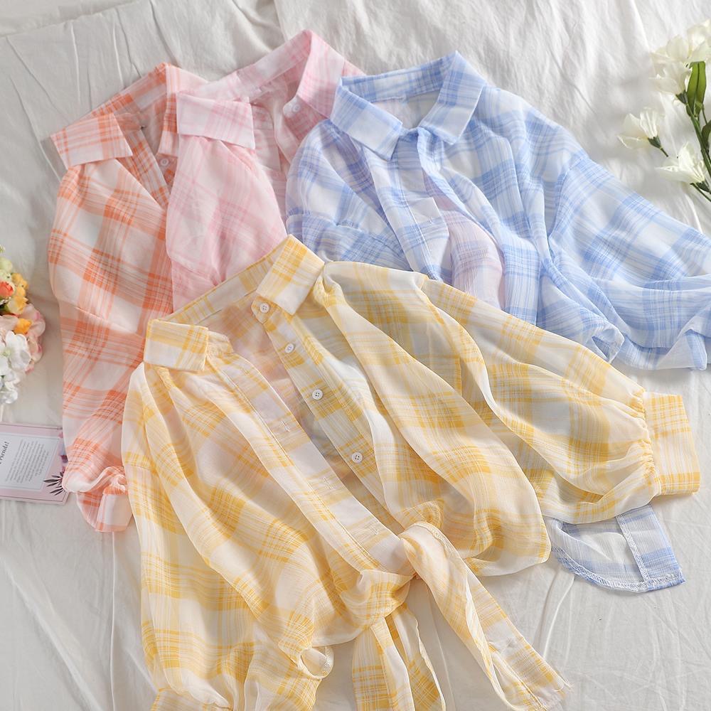 Áo Sơ Mi Chiffon Dáng Rộng Ngắn Thắt Dây Họa Tiết Sọc Caro Thời Trang Phong Cách Hàn Quốc Cho Nữ
