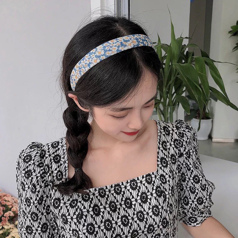 Cài Tóc Bờm Caro Bản To Bờm Vintage Họa Tiêt Hoa Phong Cách Hàn Quốc