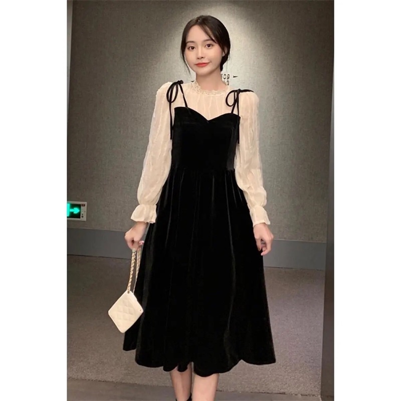 Váy Nhung Liền Thân, Váy Nhung Hai dây thắt nơ liền áo cách điệu trắng có dây thắt ở eo cho nàng phong cách Pháp