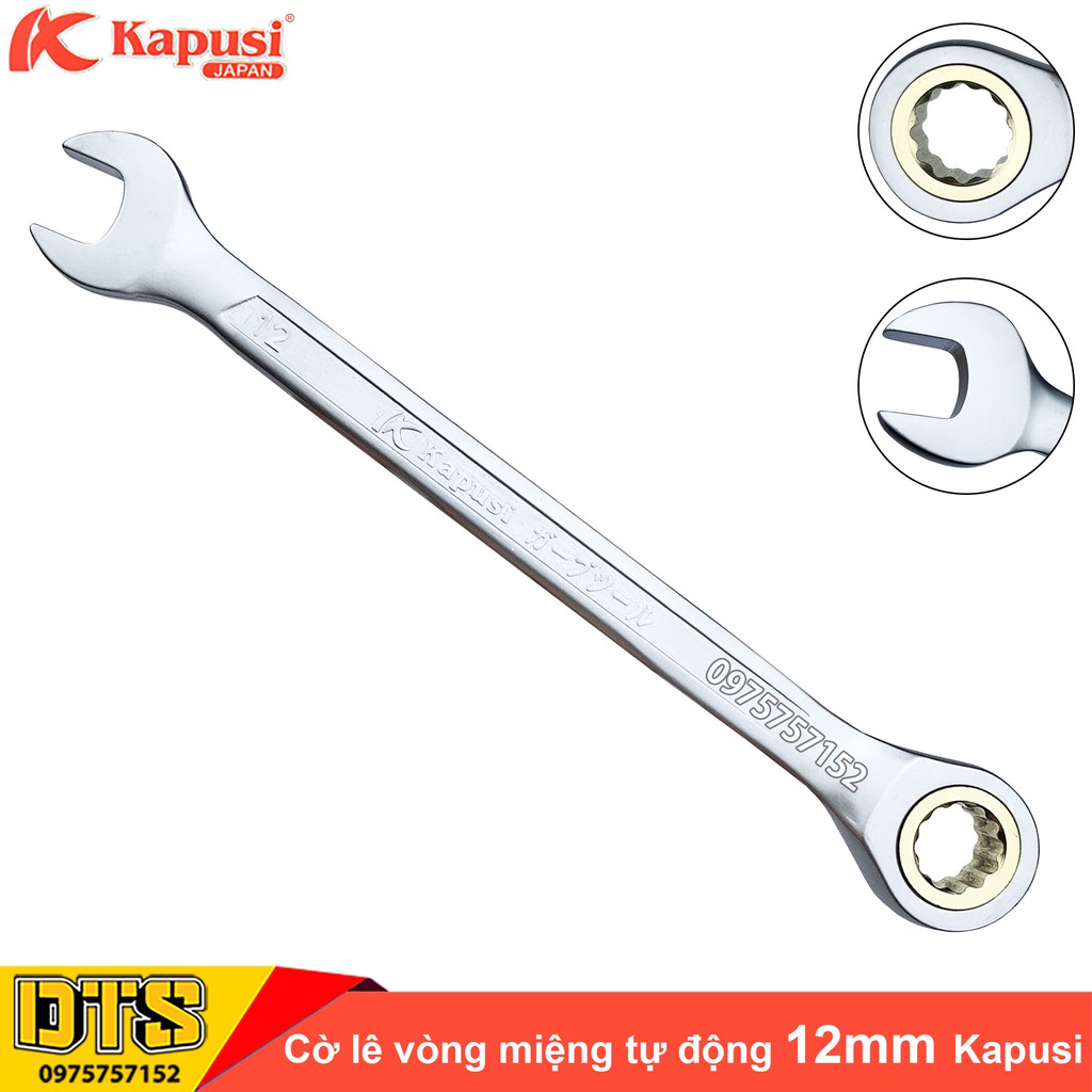 Cờ lê vòng miệng tự động 12mm Kapusi Japan, thép CR-V chịu lực cao 50BV30, bánh cóc 72 răng - Cờ lê tự động xoay 360 độ