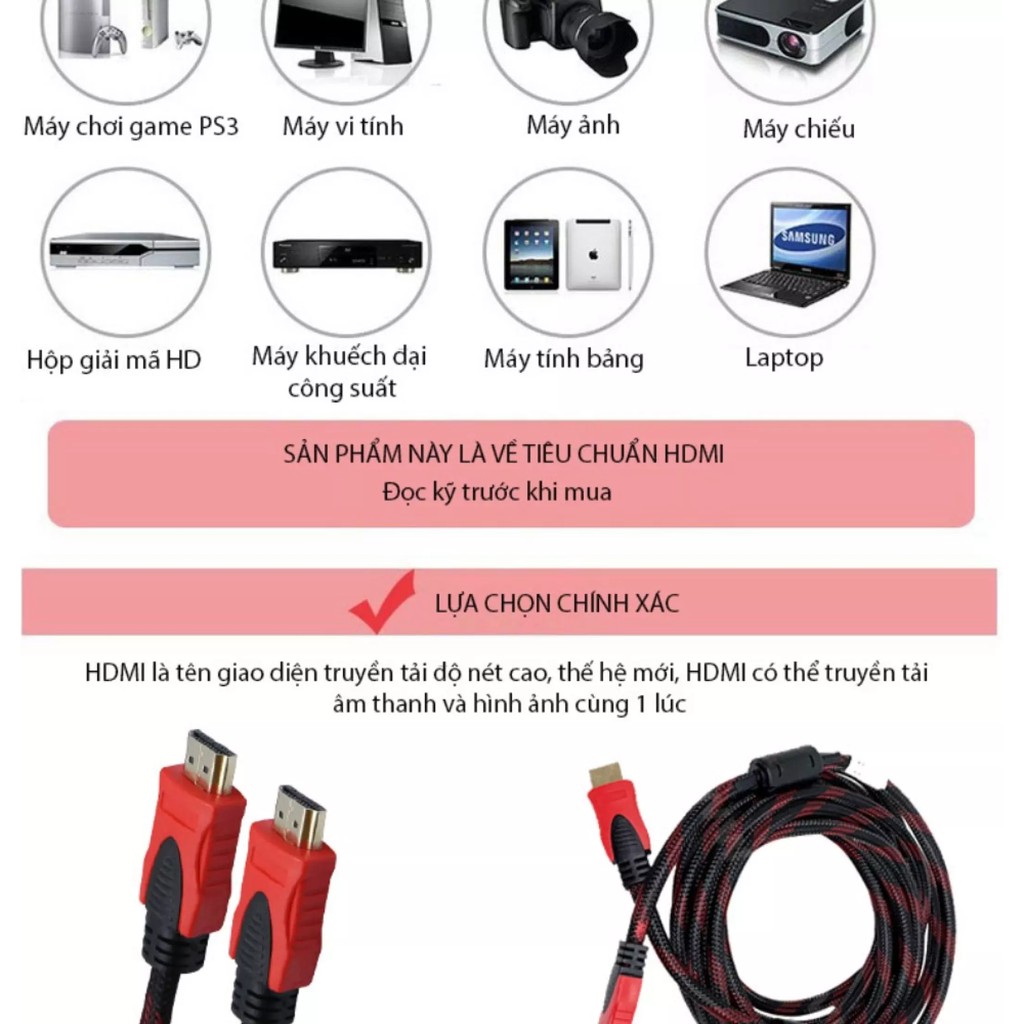 Cáp HDMI 1.4 dài 15m thân dây đúc liền mạch đấu nối mạ vàng lớp nhựa PVC bảo vệ chống chịu được va đập chất lượng