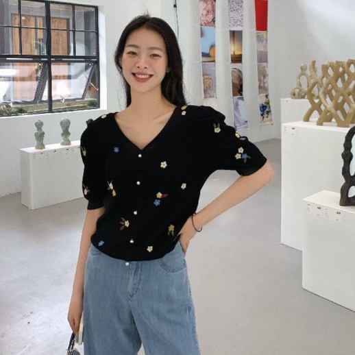 Áo Dệt Kim Cổ Chữ V Thêu Họa Tiết Phong Cách Pháp Thời Trang Mùa Hè Xinh Xắn Cho Nữ