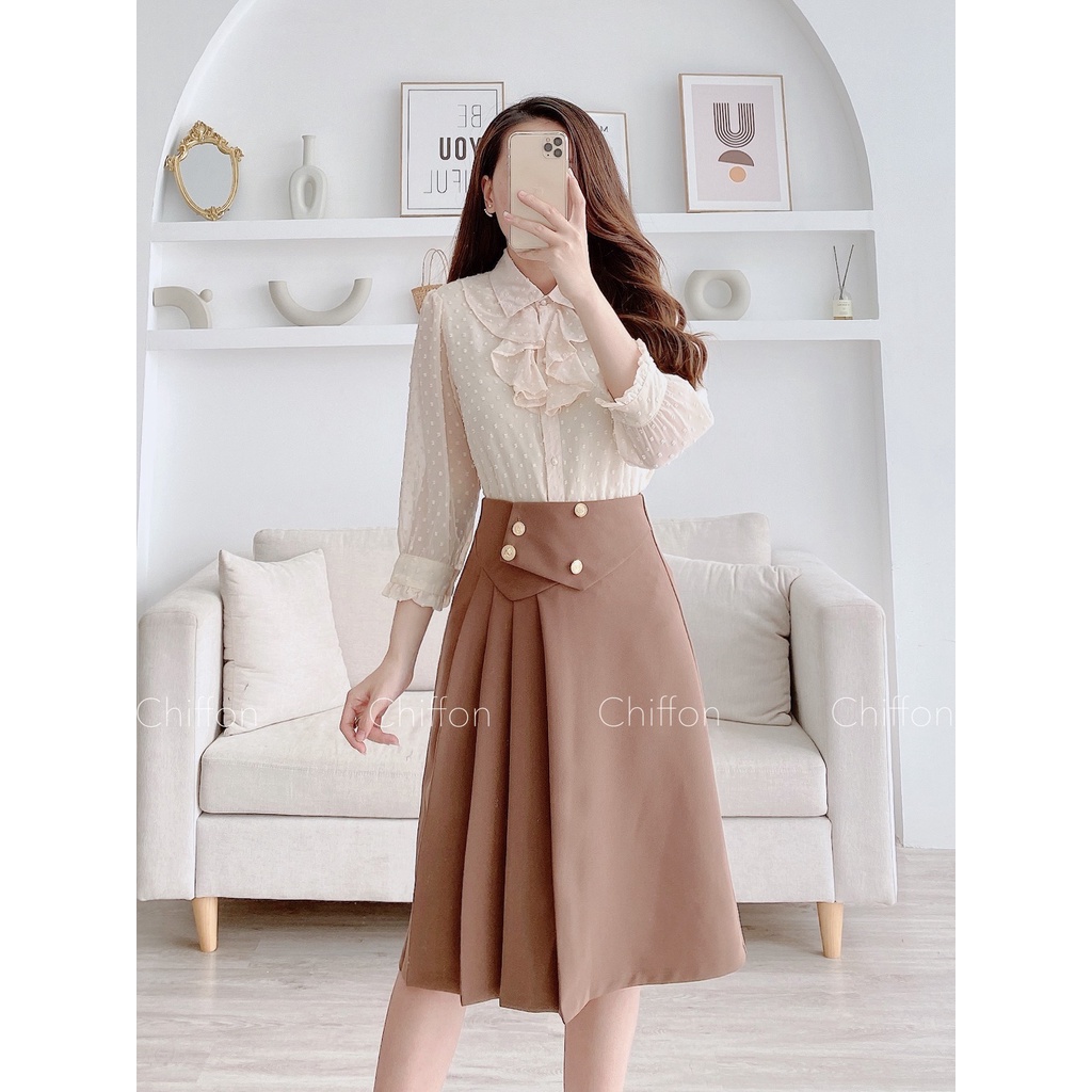 Chân váy xòe phối dập ly cạp liền phối cúc đồng thiết kế Chiffon