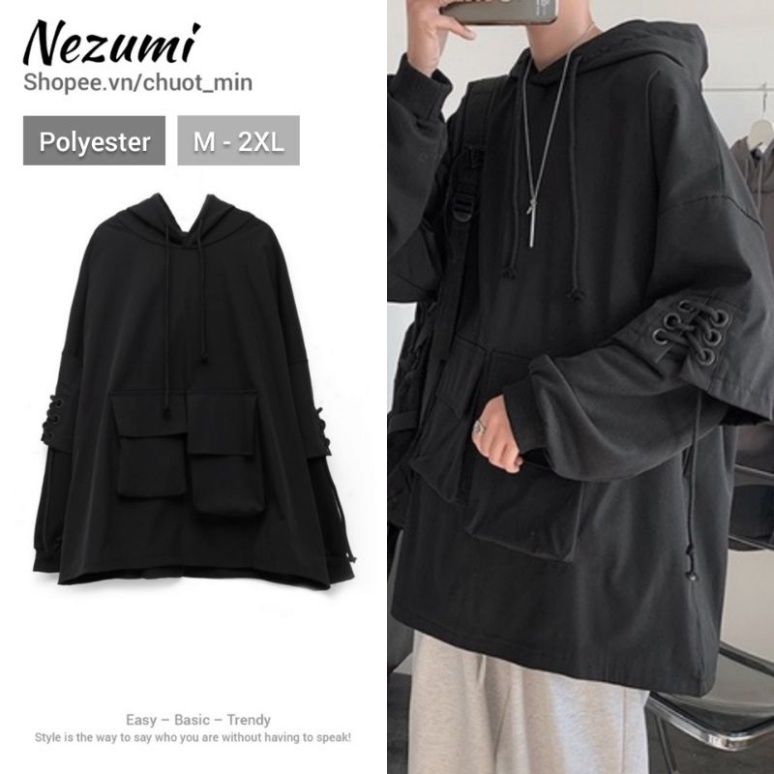 Áo hoodie tay nối đan dây full đen túi hộp unisex nam nữ hip hop Châu Âu