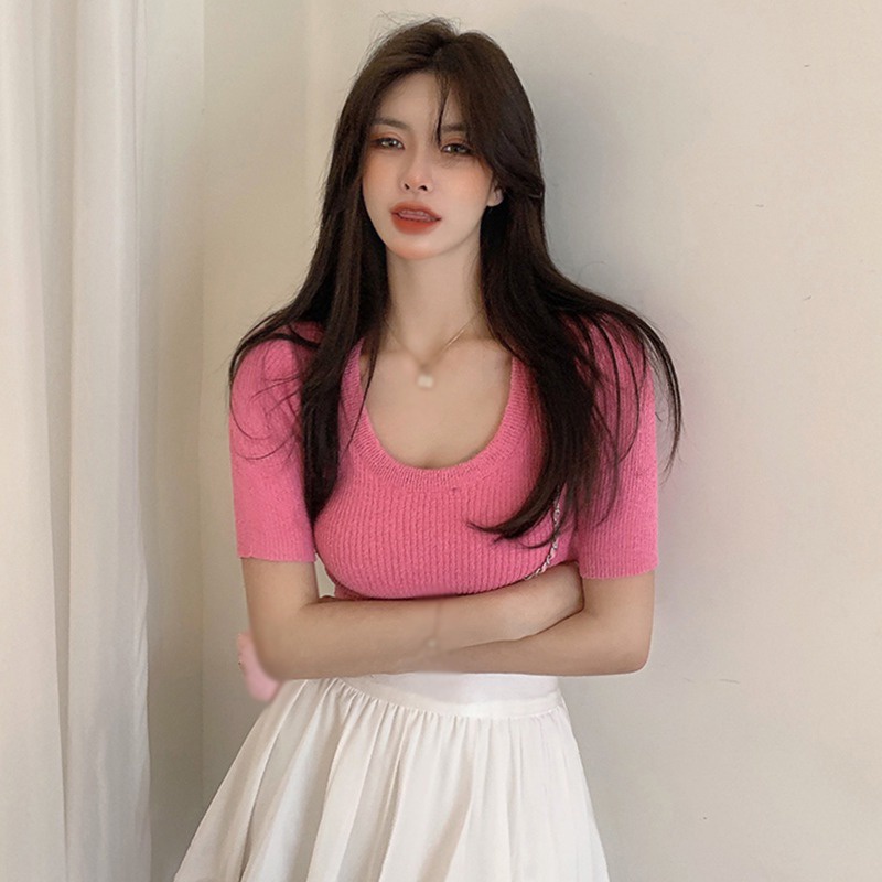 Áo Croptop Dệt Kim Tay Ngắn Cổ Tròn Dáng Ôm Thời Trang Cho Nữ