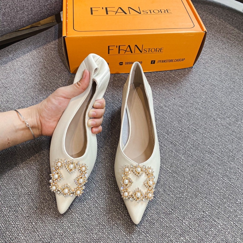 Giày nữ gót vuông mũi nhọn [da thật] mềm mại, cao gót bít mũi 5 phân đính đá a87, màu đen be trắng FFAN STORE