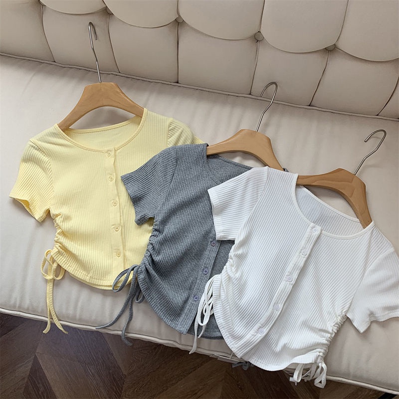Áo Thun Ngắn Mỏng Ôm Dáng Phối Dây Rút Thời Trang Mùa Hè Phong Cách Mới Dành Cho Nữ