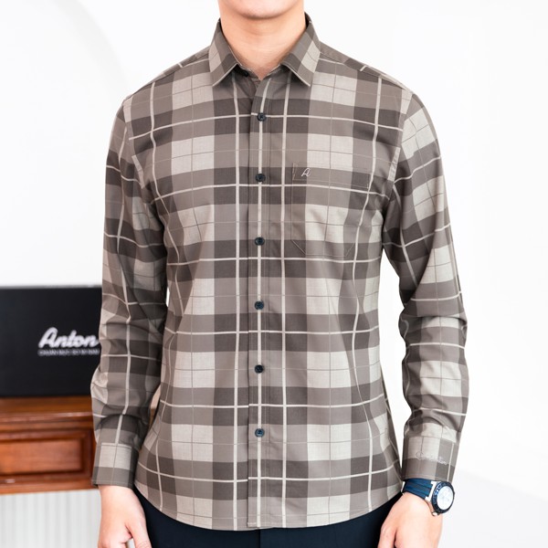 Áo Sơ Mi Nam Trung Niên Công Sở Anton Somianton Dài Tay Màu Nâu Vải Sợi Tre Kẻ Caro - AC135