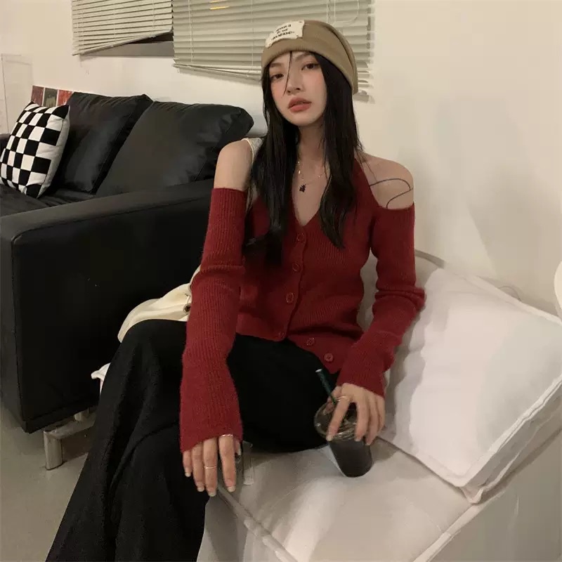 (Kèm ảnh thật) Áo cardigan khoét vai cổ yếm