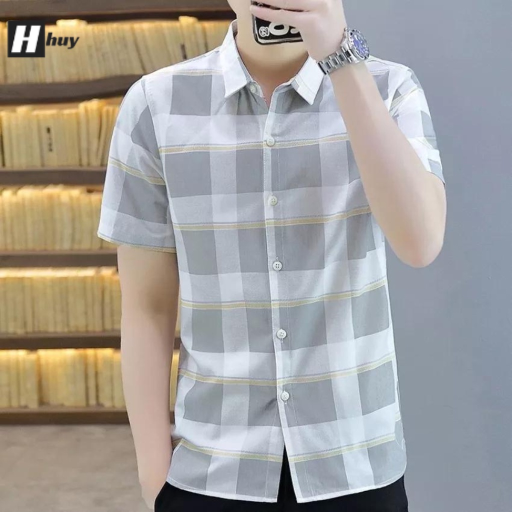 Áo Sơ Mi Nam Ngắn Tay Phối Họa Tiết Caro Ô Vuông TP Hàn Quốc - 2 Màu