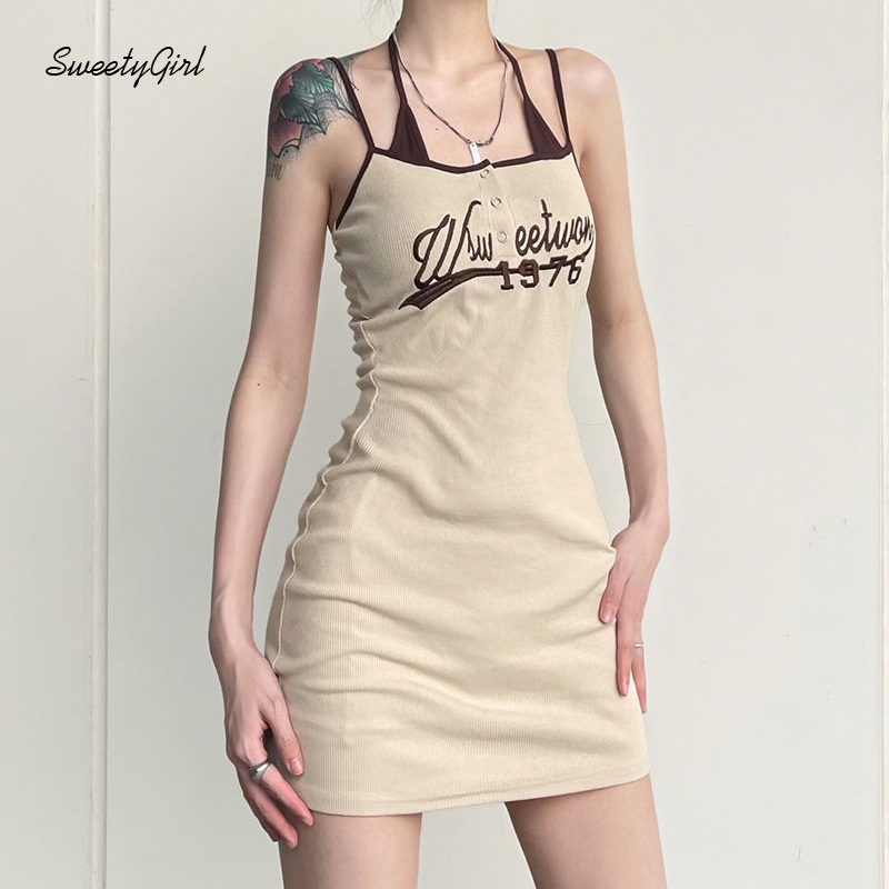 Đầm Mini Không Tay Hở Vai In Chữ Màu Sắc Tương Phản 2022 Cho Nữ