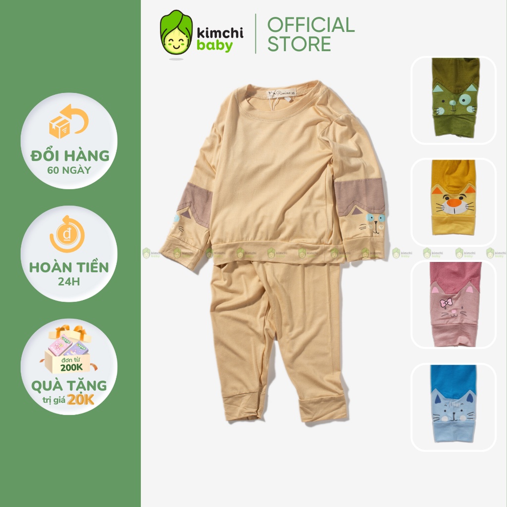Bộ Dài Tay Thun Lạnh Cho Bé Trai, Bé Gái KIMCHIBABY Hoạ Tiết Phối Tay Tai Thú, Đồ Bộ Mặc Nhà Cho Bé Thu Đông KWTD2210