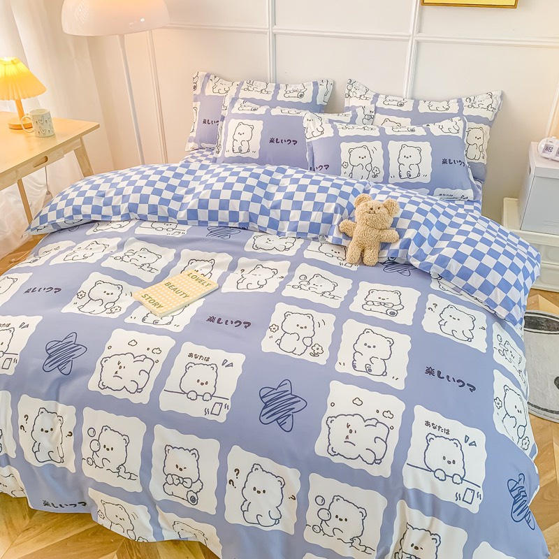 Bộ chăn ga gối Cotton Poly M2T BEDDING gồm vỏ chăn mền, drap ga giường và 2 vỏ gối nằm - PL Gấu hỏi chấm