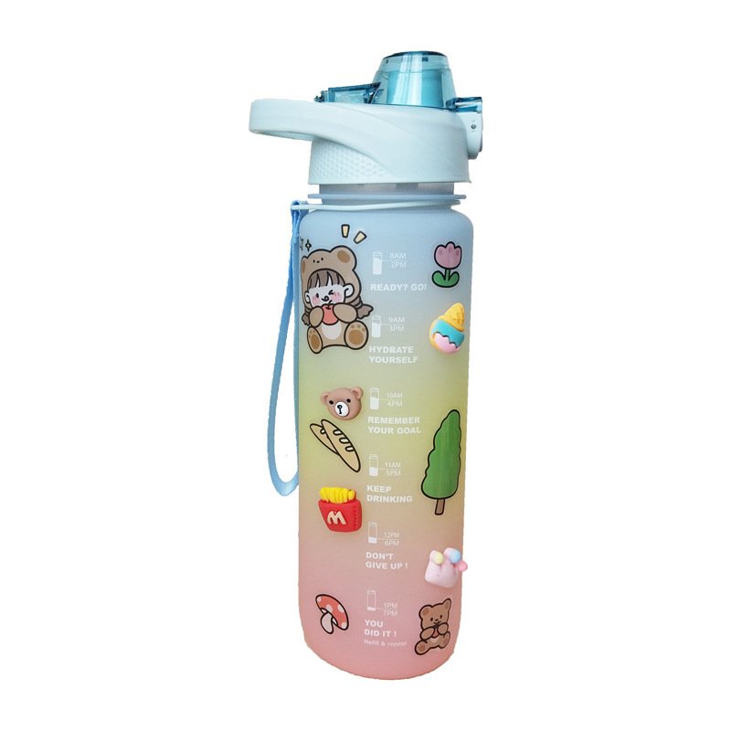 Bình Nước Cao Cấp 1000ml, bình nước cute có dây đeo và ống hút tiện lợi, bình có tặng kèm Hình Dán 3D siêu xinh