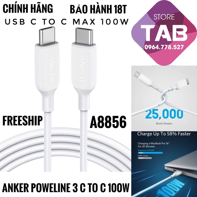 Cáp Anker Powerline III Usb-C to C 1.8m Max 100w Bảo Hành 18 T (A8856)