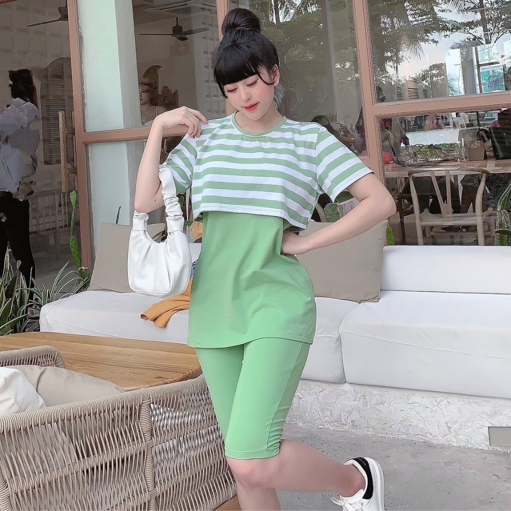Đồ Bộ Nữ TS03331 Đồ Bộ Mặc Nhà Chất Cotton 100% Co Dãn Đanh Mịn Quần Ngố Lửng Phối Áo Croptop Sọc Ngang Size 40KG - 80KG | BigBuy360 - bigbuy360.vn
