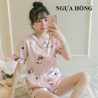 Bộ ngủ lụa cộc tay cổ tim hình đơn giản dễ thương