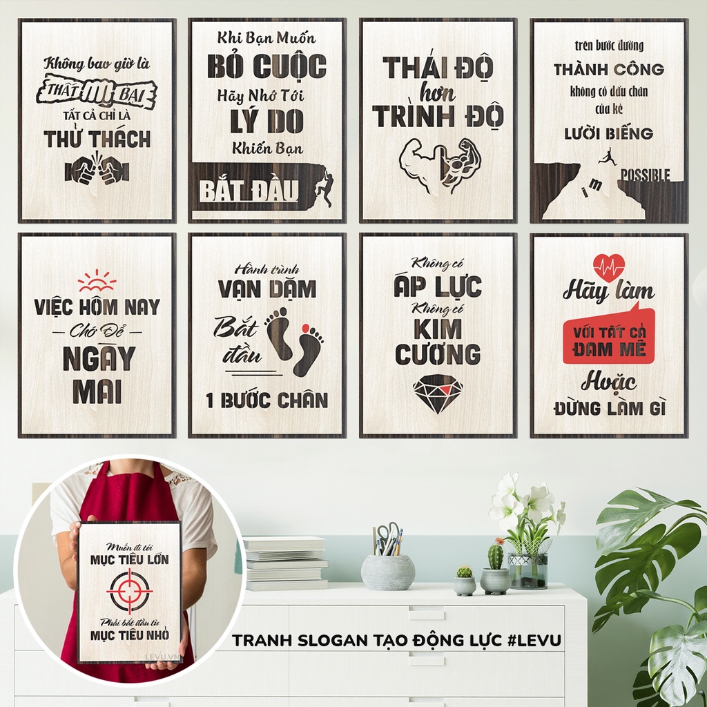 Tranh văn phòng gỗ khắc chữ slogan tạo động lực treo tường trang trí hiện đại size 20x27cm