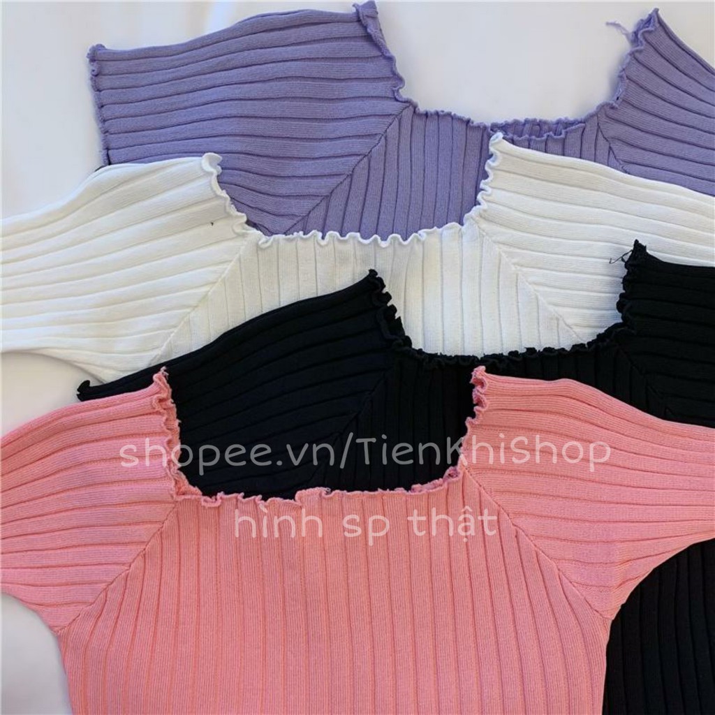 Áo len QC tay ngắn croptop bẹt vai cuốn biên