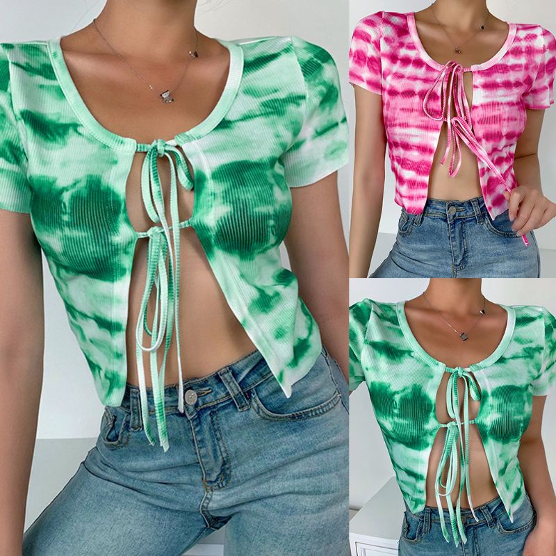 Xiangbao Áo Croptop Dệt Kim Ngắn Tay Cổ Tròn In Màu Nhuộm Gradient Cột Dây Phía Trước Mùa Hè Cho Nữ