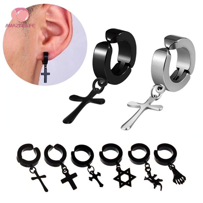 [Amazinglife] Khuyên Tai Hình Học Thánh Giá Bằng Thép Titan Phong Cách Punk Hip Hop Đường Phố Hàn Quốc Cá Tính
