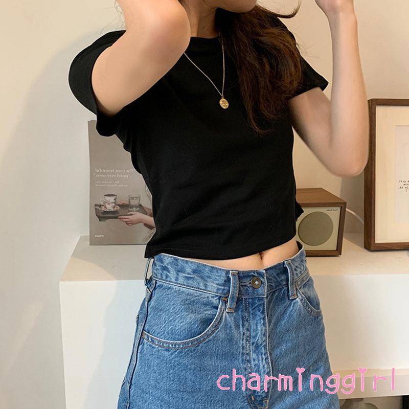 Áo Thun Croptop Tay Ngắn Cổ Tròn Màu Sắc Đơn Giản Dành Cho Nữ