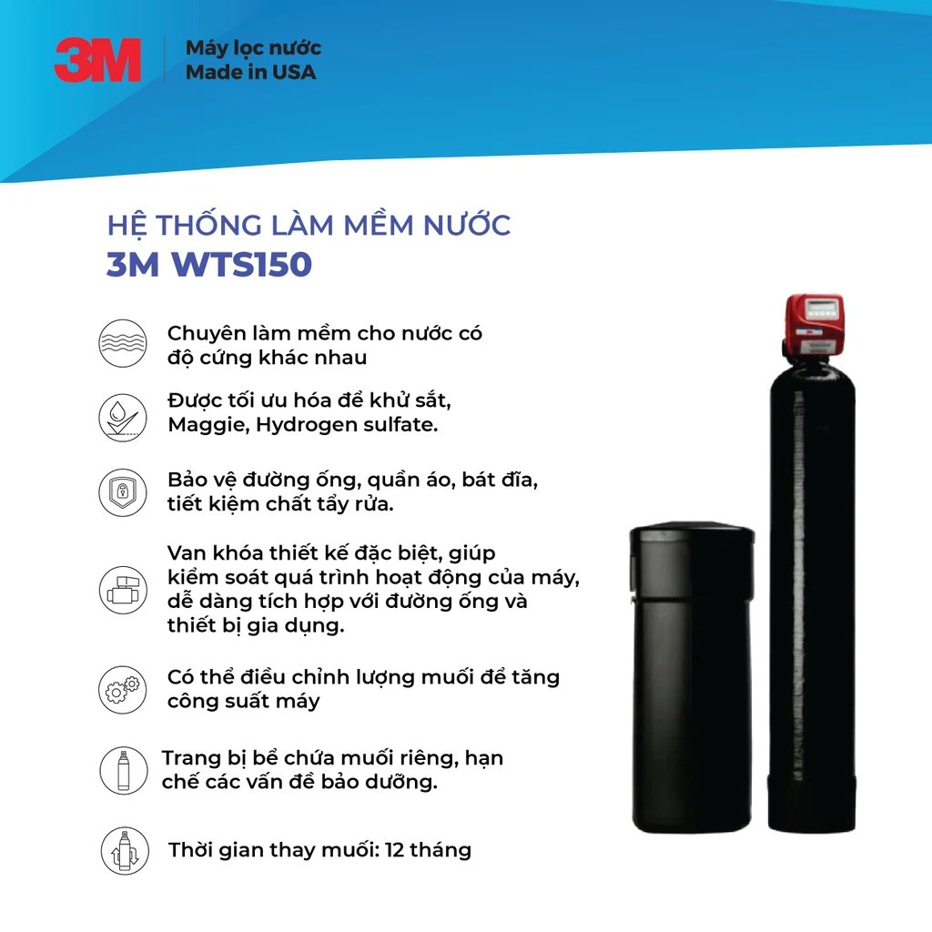 Máy Làm Mềm Nước 3M WTS150 Cao Cấp Cho Nước Cứng Nhiễm Đá Vôi, 3MWTS150 - Nhập Khẩu Mỹ, Hàng Chính Hãng 3M