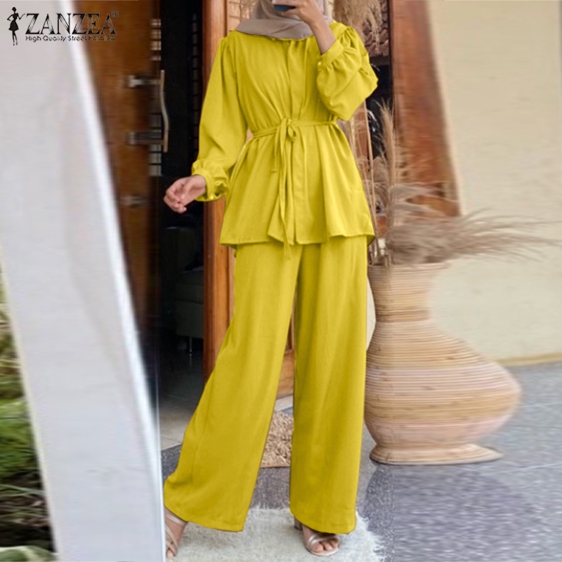 Zanzea Bộ Áo Tay Phồng + Quần Dài Ống Rộng Co Giãn Thời Trang Đường Phố Hồi Giáo Cho Nữ