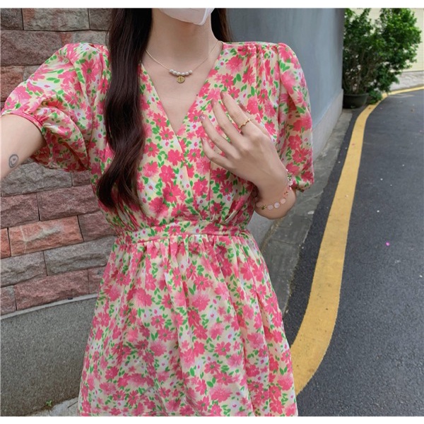 Váy hoa nhí cổ chéo rút eo dáng dài vintage Ulzzang style 🌸 Hàng Quảng Châu