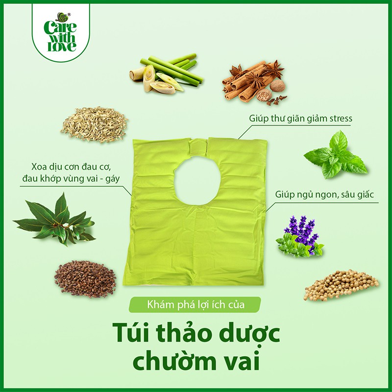 Túi Chườm Thảo Dược Giảm Đau Vai Gáy, Cổ CARE WITH LOVE Giúp Thư Giãn Cơ, Tuần Hoàn Máu Dùng Lò Vi Sóng