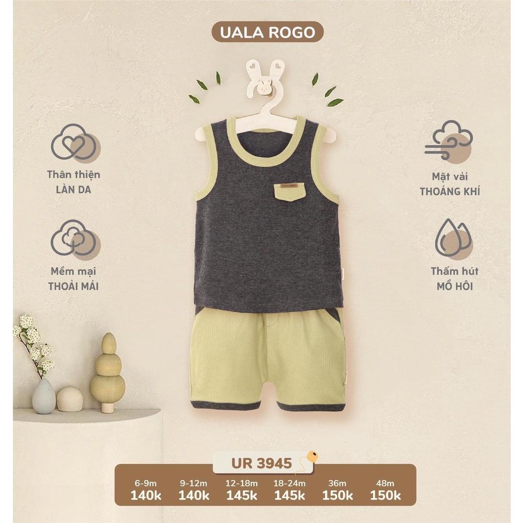 Bộ ba lỗ Uala Rogo chất vải Cotton Hàn Quốc cao cấp mềm mịn thấm hút tốt trơn gân có túi ốp ngực cho bé trai bé gái 3945