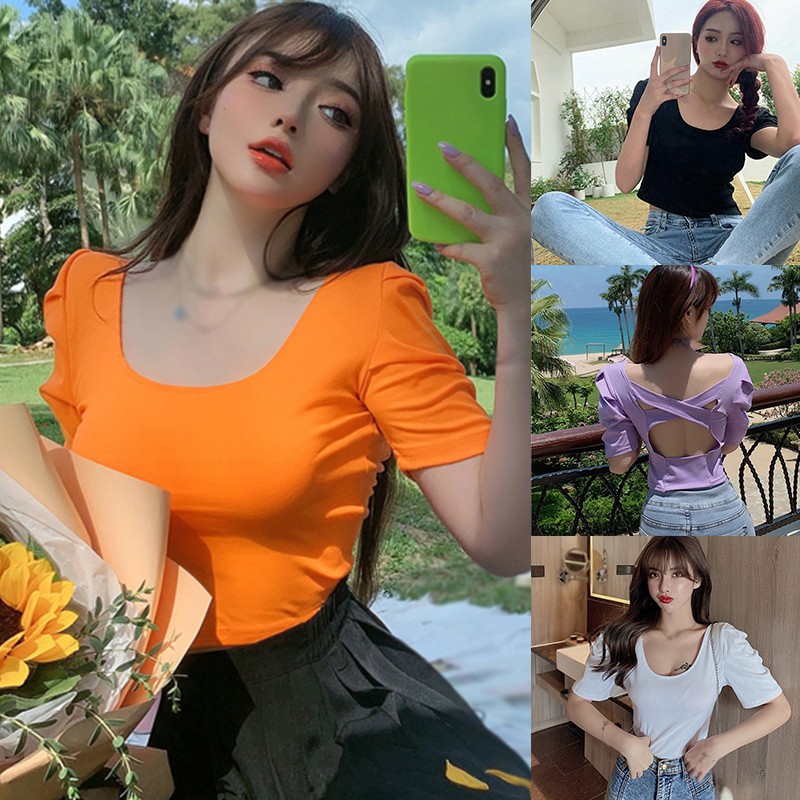 Áo Thun Tay Ngắn Cổ Tròn Khoét Lưng Quyến Rũ Cho Nữ