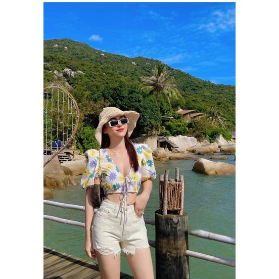 Áo tay ngắn bồng cột nơ kèm ảnh thật