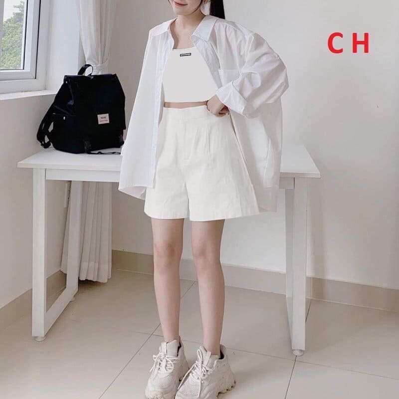 Sét sơmi 3 món quần short+áo 2 dây+ sơ mi🌺 Quần đùi giả váy chất kaki mềm mát, khoá trước cạp sau chun cá tính