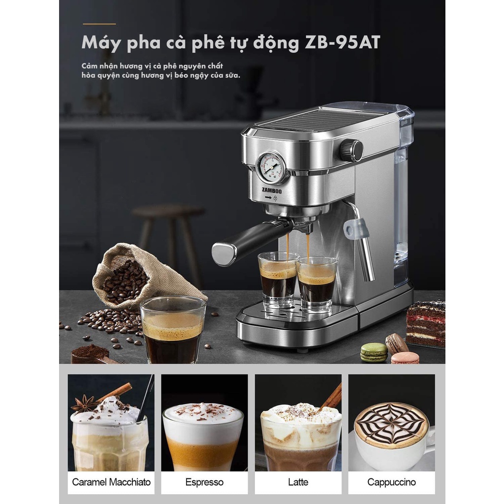 [Mã ELHADEV giảm 4% đơn 300K] Tặng quà Máy pha cà phê Espresso Zamboo ZB-95AT (15bar/1350W)Tặng 500gram Supepwer Coffee