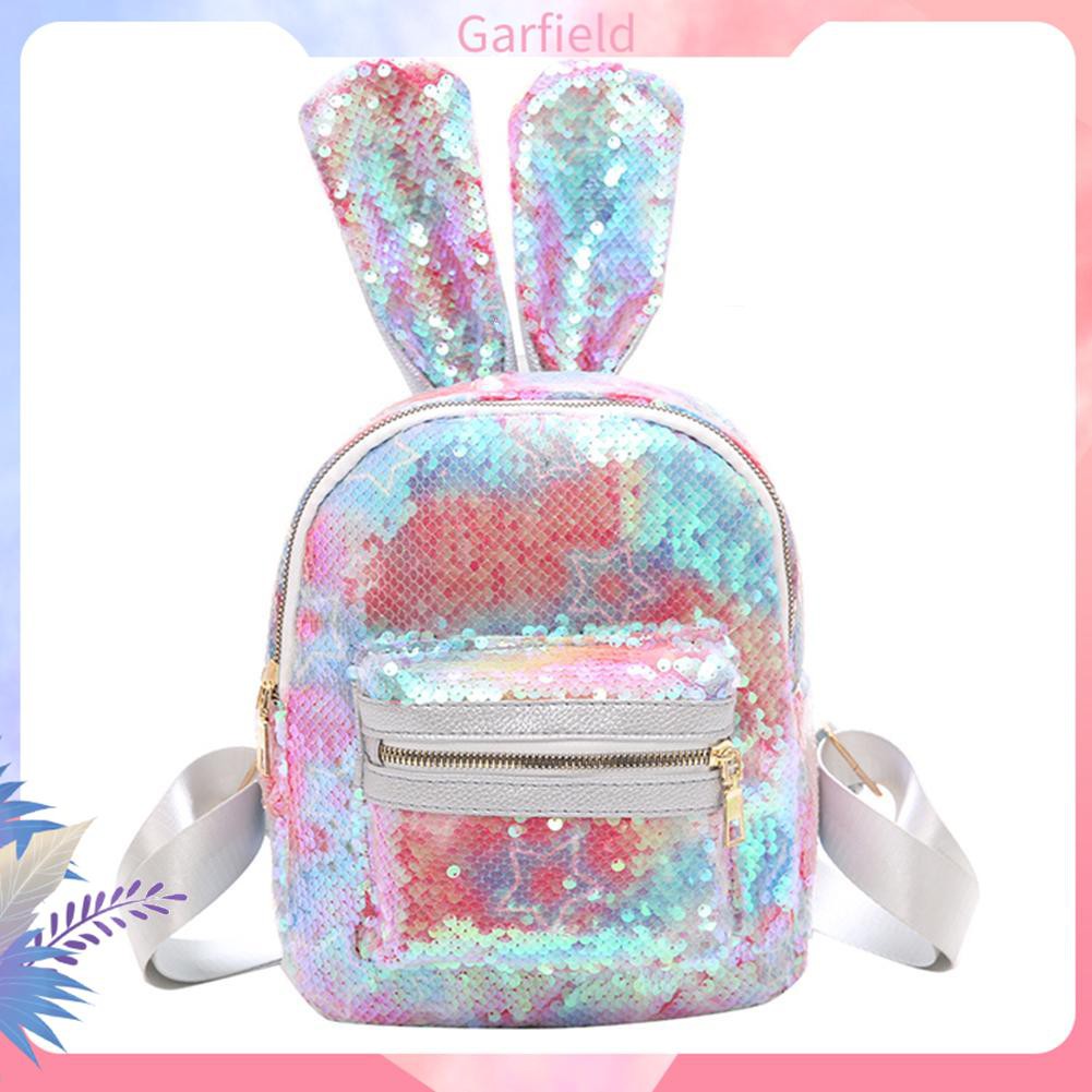 Sequins Rabbit Backpack Bling PU Leather Women Girls Travel School Bag