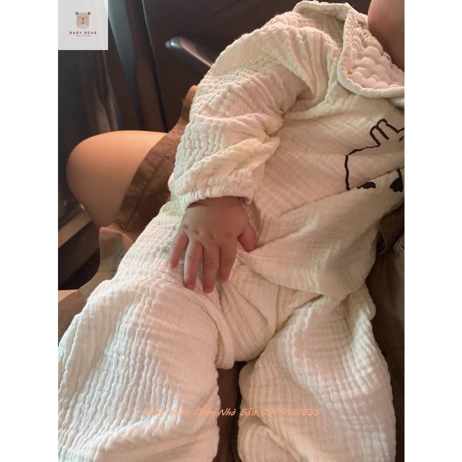 (Hàng cao cấp) Bộ Quần Áo Phong Cách Hàn Quốc In Hình Vit Kẻ Nâu và Trắng Chất Liệu Đũi Cho Bé Trai Bé Gái