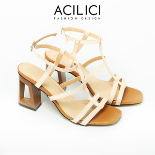 Giày sandal ACILICI cao gót, giày cao gót nữ hở mũi gót khoét siêu HÓT gót cao 7p màu đen và kem