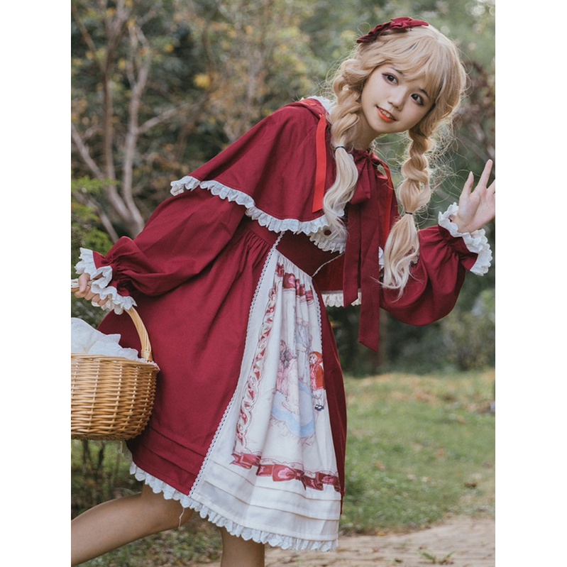 Sét váy lolita JSK + áo choàng khăn choàng nơ đỏ dễ thương
