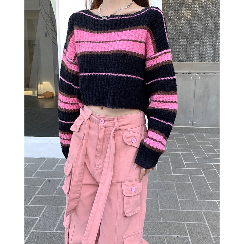 QKOOLE Áo croptop  dệt kim tay dài hoạ tiết kẻ sọc phong cách Hàn Quốc